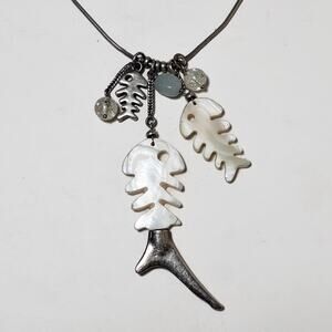 Mother-of-Pearl MOP Fish Bones Silver Tone Necklace Signed Nature